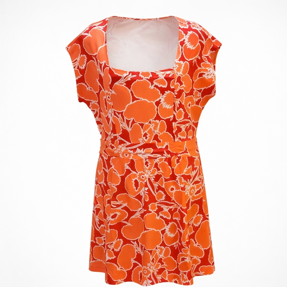 Lands End Womens XL Orange Floral Square Neck Cap Sleeve Tropical Midi Dress